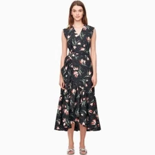 REBECCA TAYLOR Ikat Tulip Wrap Dress Black Floral Poplin Midi Summer Preppy 8