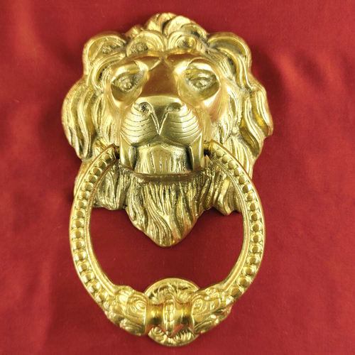 Vintage Lion Head Door Knocker & Plate - Ornate Solid Brass Patina Brutalist 8"