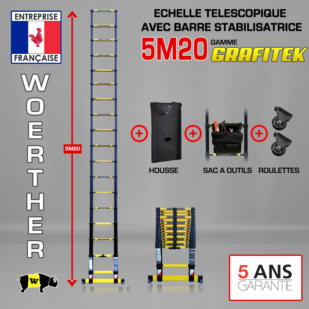 Échelle télescopique 5m20 Woerther avec roulettes pour un déplacement sans effort