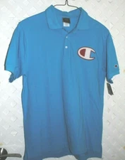 CHAMPION Men's Polo Golf Blue Cotton Pique Shirt Big C Large Logo NEW Size M