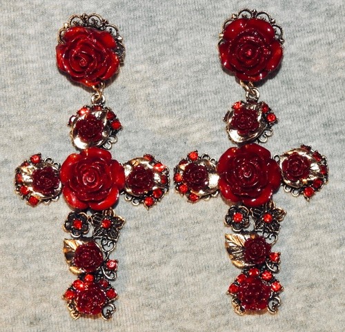 Red Rose Earrings on Large Crosses with Red Rhinestones - Picture 2 of 4