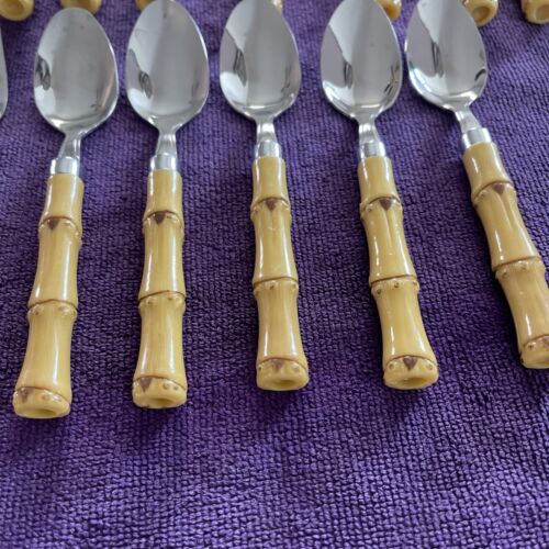 Bambus Kunststoff Griff Besteck 21 Edelstahl Set Messer Gabel Löffel Tiki Silberbesteck - Bild 3 von 11