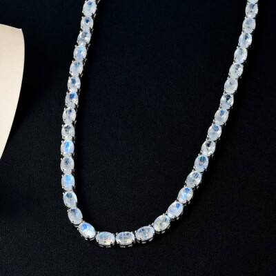 Premium Rainbow Moonstone and Diamond Accent Tennis Necklace 18 Inches in Platin