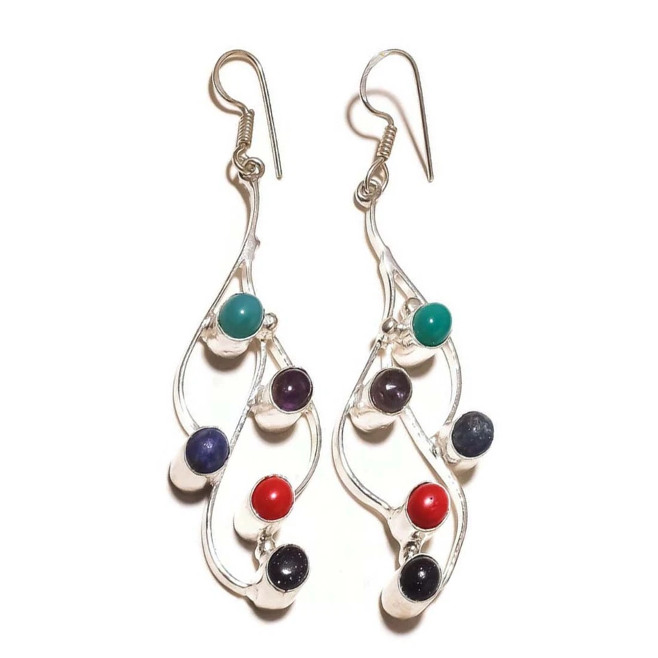 Green Onyx, Lapis, Coral, Amethyst, Sunstone Gemstone Handmade Dangle Earrings - Image 2 of 3