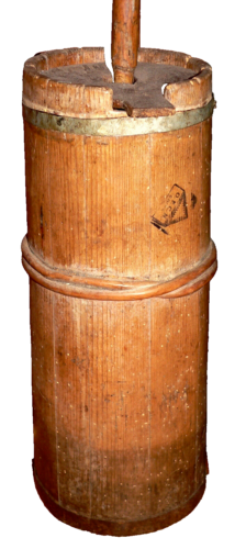 19th c BUTTER CHURN, Pine Staves, Woven Band, Signed, w/ Plunger & Lid, 29", - 第 1/9 張圖片