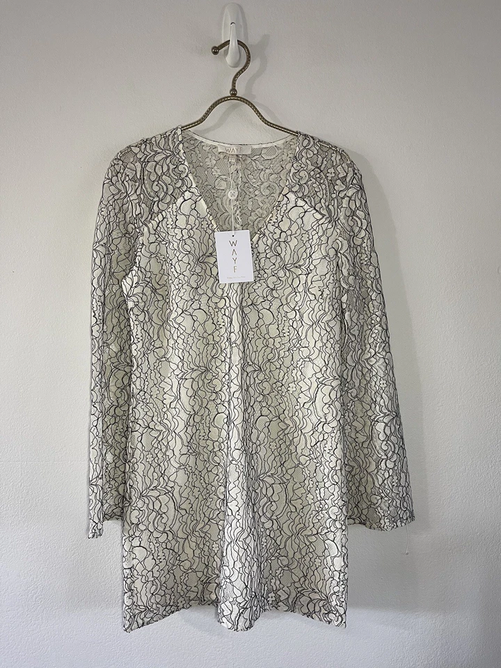 Nuevo Vestido de Encaje WAYF Manga Larga Campana Talla Mediana Forrado Blanco Foto 3 de 4