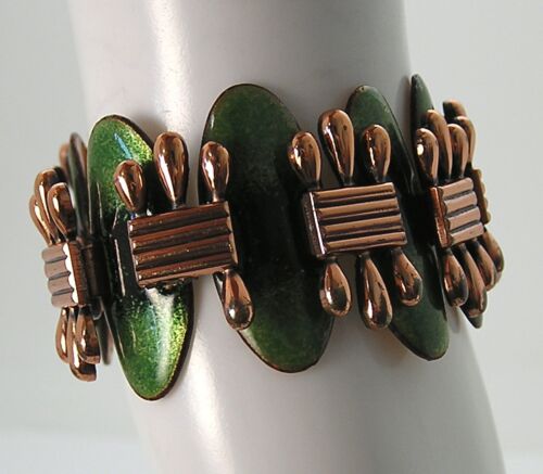 Seltene Kupfer Parure Matisse Renoir grüne Emaille Halskette Armband Ohrringe Set - Bild 12 von 19