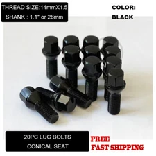 20Pc Conical Seat Black Lug Bolts 28mm Shank 12x1.5 Fits Saab 9-3 900 9-5 9-3X