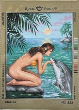 Royal Paris "Marina" Needlepoint Canvas Nude Woman  Dolphin 14.5"x18.75" 142222