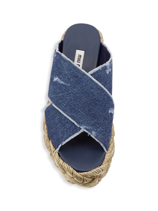 Miu Miu Crisscross Denim Platform Espadrilles Sandals 37.5