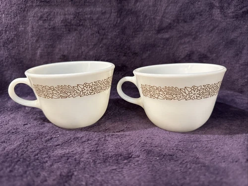 2 Vintage Pyrex Woodland Brown Milk Glass Coffee Tea Cups Mugs