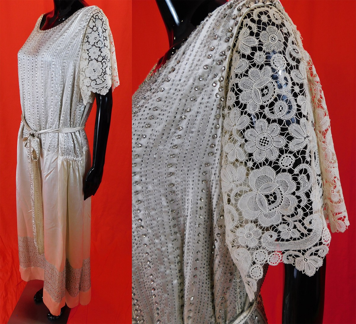 Vintage Gimbel Brothers Paris White Lace Silk Beaded Belt Flapper Wedding  Dress | eBay