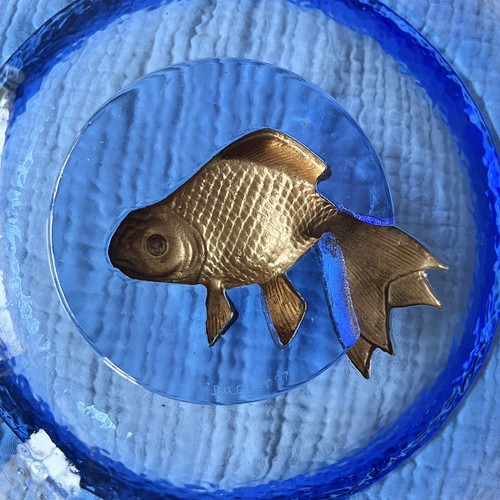 Bright Blue Signed George Bucquet Cast Art Glass 12” Gold Fish Bowl 1997 - Picture 3 of 7