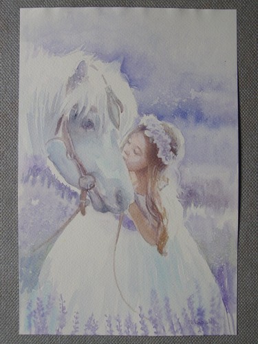 Pferd MÄDCHEN Portrait Original Aquarell Acryl Gemälde Kunst von Ukraine Künstler - Bild 1 von 2