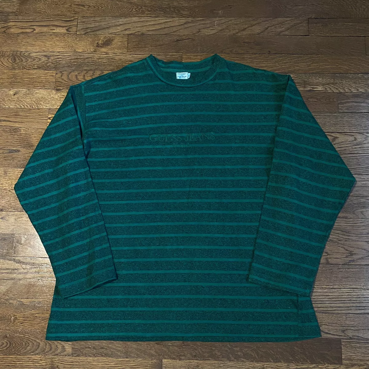 Vintage 90s Guess Jeans USA Striped Long Sleeve Shirt Green XL