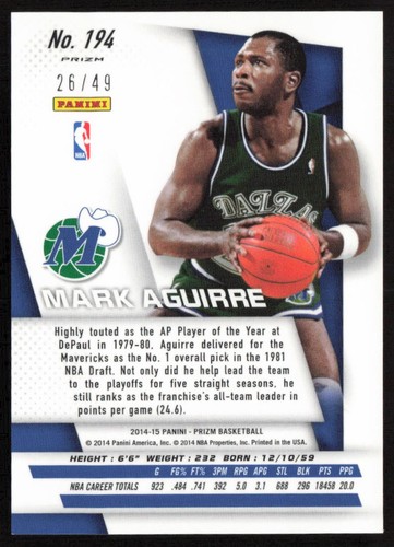 2014-15 Panini Prizm Prizms Light Blue #/49 Mark Aguirre #194 Dallas Mavericks - Picture 2 of 2