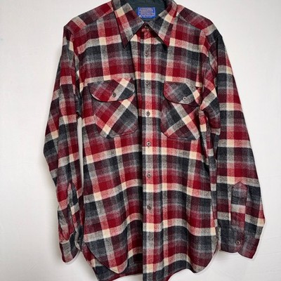 Pendleton Wool Flannel Shirt Mens L Red Grey Plaid Button Down Made in USA