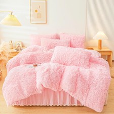 Fluffy Pink Faux Fur Comforter Cover Set Fuzzy Plush Bedding 3Pcs 1 Faux Fur