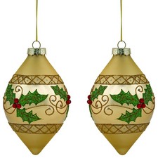 Northlight Set of 2 Golden Glitter Holly Finial Christmas Glass Ornaments 5"