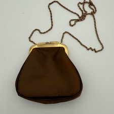 Vintage 1940's Brown Satin Kiss Lock Evening Clutch Purse with Gold Chain