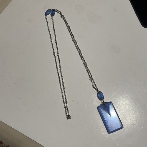 Vtg 36” Flapper Dangle Drop Blue Czech Glass Etched Carved Rose Flower Necklace - Picture 5 of 9
