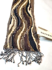NATURAL Womens Scarf Brown Fringe Long Rectangle Textured Stripe NEW Wool Blend