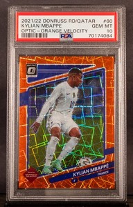 Kylian Mbappe 2021/22 DOnruss Optic Qatar Orange Velocity 10/49 JERSEY # PSA 10