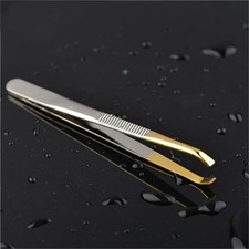 Gold Tipped Slanted Tip Tweezers Angled Precision Eyebrow Hair Pluckers Steel UK