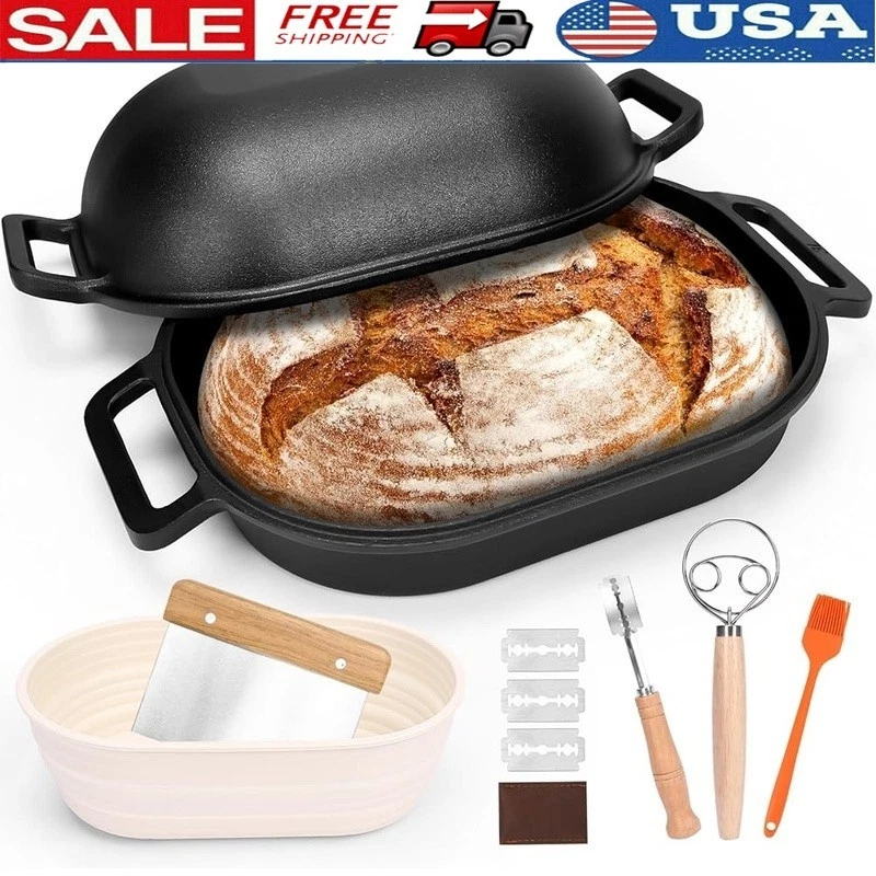 Cast Iron Bread Pan W/ Lid Artisan Sourdough Baking Cooking Set Accessories New