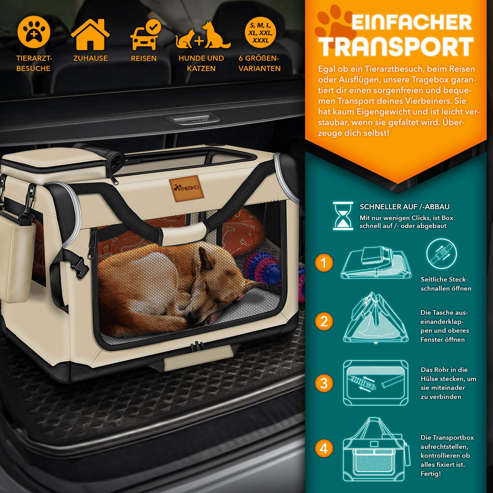 TRESKO Hundebox faltbar Hunde Transportbox Auto Transporttasche Tragetasche Box