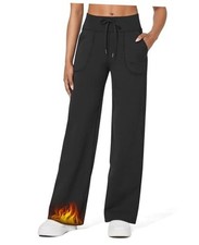 Wide Leg Fleece Lined Pants Women Drawstring Waist Winter Medium Petite Black