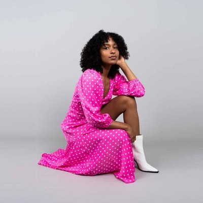 pink polka dot satin dress Pink Draped Polka Dot Long Sleeve Satin Mini Dress Pink / 4