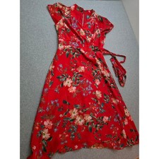 Vince Camuto Red Floral Wrap Midi Dress Short Sleeve Tie Waist Size 12