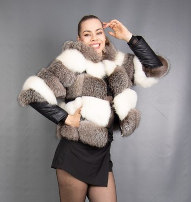 18187 NEW GORGEOUS REAL BLUE FOX SILVER FOX COAT FUR HOOD PELZ BEAUTIFUL SIZE S