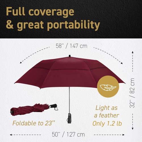 Golf Umbrella - 58 Inch Windproof Rain Umbrellas w/Double Canopy - Compact, P... - Picture 2 of 9
