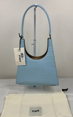 STAUD Rey Croc Embossed Leather Shoulder Bag Light Blue W Dust Bag NWT $325 MSRP