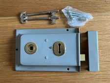 Antique Vintage Rim Door Lock Brass And Steel With Key. New Old Stock. NOS.