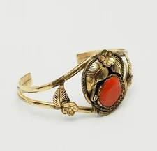 Sam Kee Navajo gold filled and coral Native American vintage cuff bracelet