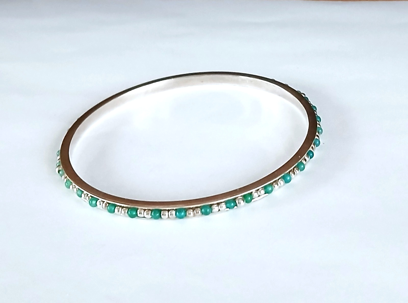 Sterling Silver 925 Emerald Beads Bangle Bracelet - image 3