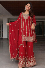 Stylish Look Turquoise Silk Kurta Palazzo Chinon With Dupatta For Women  Girls