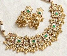 Kundan Jewelry, Choker Necklace with Earrings, Gold Plated Bridal Jewellery 