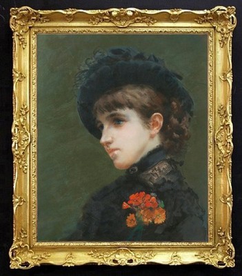 Hand Painted Lady Black Hat Red Flower Portrait Oil Painting Antique Style Art