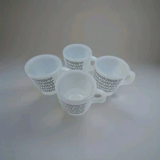 Set of 4 Termocrisa Stackable Milk Glass Mugs Cups Grey Leaves Vintage Mexico