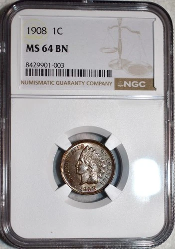 NGC MS-64 BN 1908 Indian Head Cent, Blazing, Lightly Toned specimen.