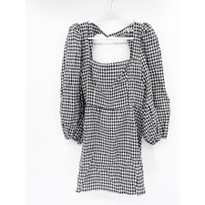 Reformation Brodie April Black Gingham Check Linen Open Back Mini Dress Size 10