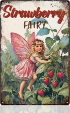 Strawberry Fairy Wall Decor Tin Metal Signs, Lovely Angel Wall Art Garden Access