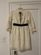 Anna Sui Cream Ruffle Lace Dress Black Ribbon Size 2 New With Tags OG 500