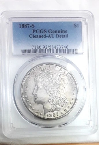 1887-S,   PCGS  Morgan Silver Dollar, AU Condition, Cleaned, Low Mintage