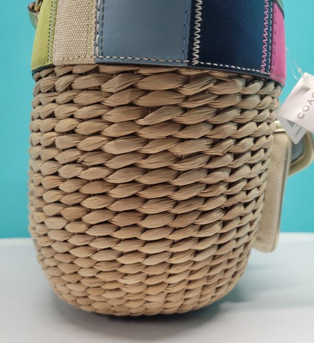 Coach Legacy Stripe Tote Purse Straw Wicker Beach Bag Colorful Gold Large NEW - Picture 9 of 24