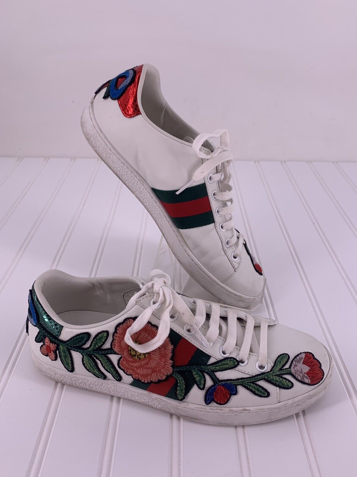 GUCCI Sneakers ACE Web Floral Embroidered White Leather 36 US 6 Women's $795